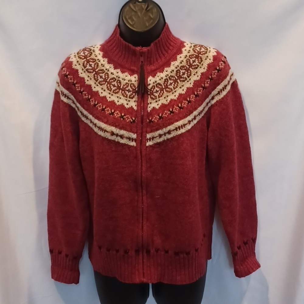 Tiara Peruvian Style Knit Zip cardigan sweater Leather Stitching